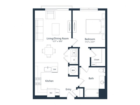 Floor plan for 1 bed, 1 bath, 892 sqft